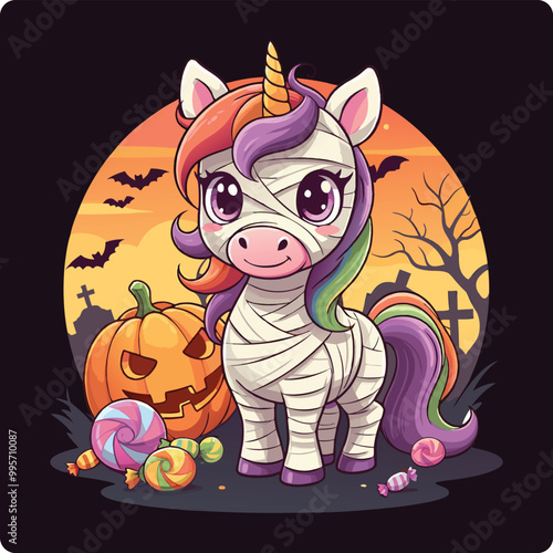 cute Halloween unicorn, mummy unicorn, halloween unicorn, spooky unicorn, Halloween fantasy art, kawaii Halloween unicorn, trick or treat unicorn, Halloween unicorn illustration, unicorn with candy