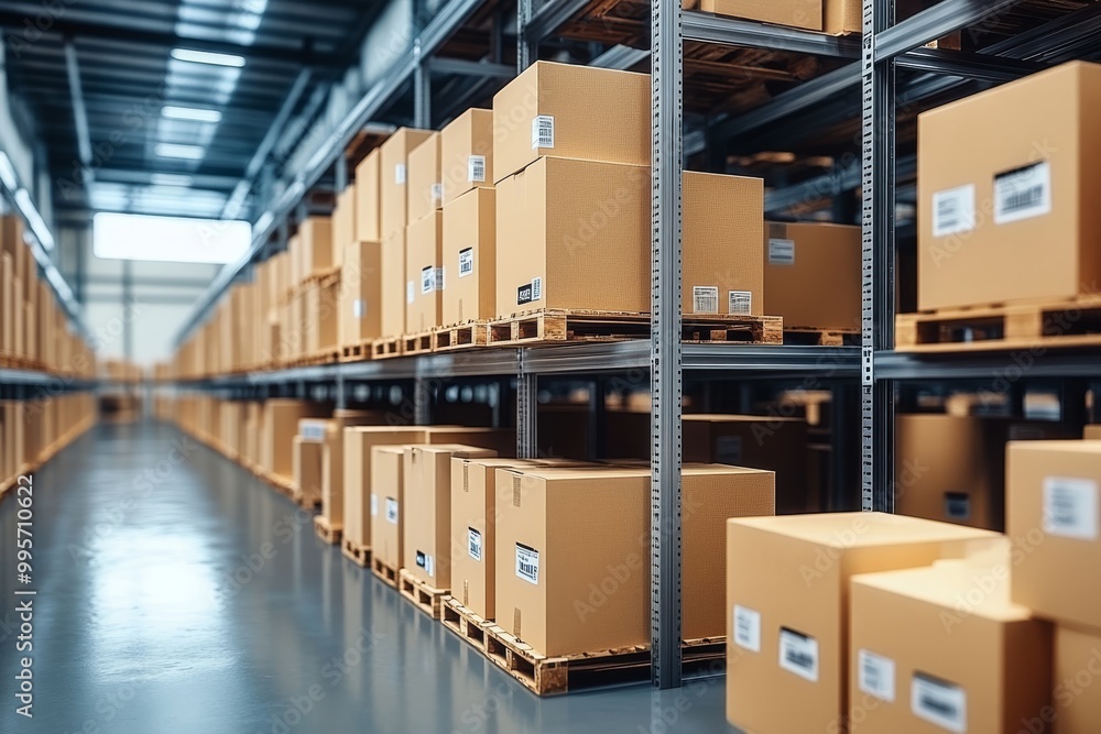 Stacks of Cardboard Boxes on Wooden Pallets in a Large Warehouse During Daylight Hours Stacks of Cardboard Boxes on Wooden Pallets in a Large Warehouse During Daylight Hours