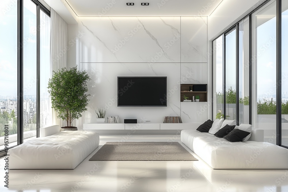 Modern Minimalist Living Room With Large Windows and City View in Bright Daylight Modern Minimalist Living Room With Large Windows and City View in Bright Daylight