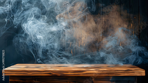 wooden Tempty wooden table with smoke float up on dark wooden background. Generative AI. photo