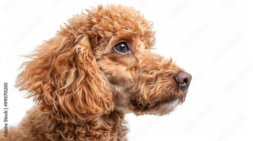 Close-up portrait view of adorable Red Toy Poodle dog head and face looking from side view isolated on white background Close-up portrait view of adorable Red Toy Poodle dog head and face looking from side view isolated on white background