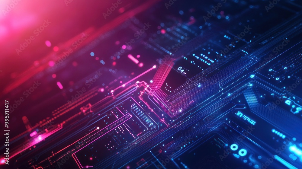 A close-up abstract illustration of a glowing digital circuit board with intricate circuitry. The vibrant blue and red colors represent the flow of data and information. A close-up abstract illustration of a glowing digital circuit board with intricate circuitry. The vibrant blue and red colors represent the flow of data and information.