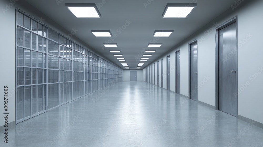 An empty, long hallway with doors and windows on both sides. The hallway is lit by overhead fluorescent lights. An empty, long hallway with doors and windows on both sides. The hallway is lit by overhead fluorescent lights.