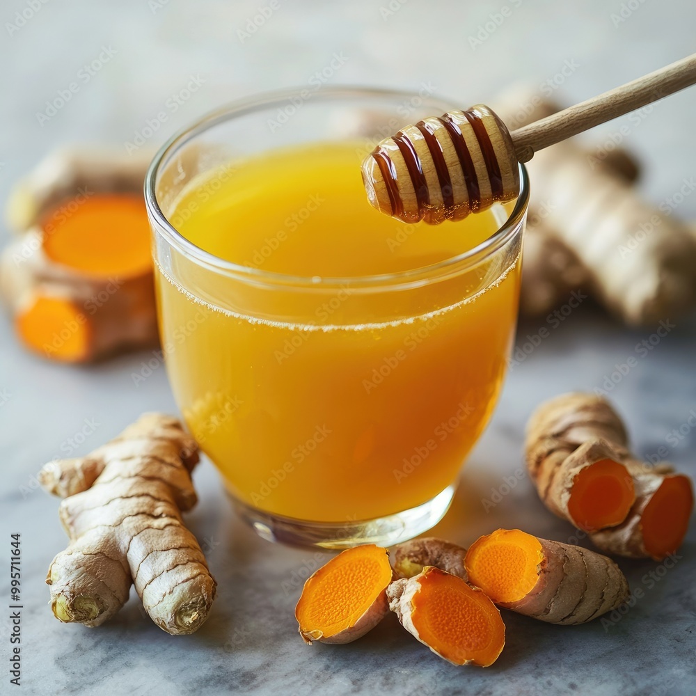 A hot ginger and turmeric tea in a clear glass, surrounded by fresh ginger, turmeric roots, and a drizzle of honey