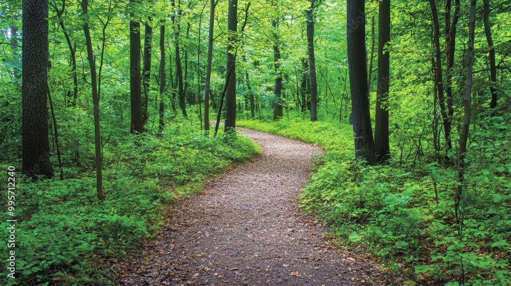 Nature trail and hiking path in forest. Forest scene with hiking path, straight trail through forest Nature trail and hiking path in forest. Forest scene with hiking path, straight trail through forest