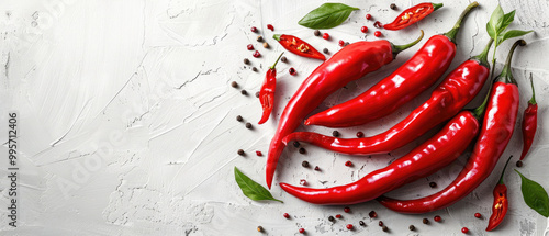 View of scattered red hot chilies spice from above isolated on white background with wide empty space for text