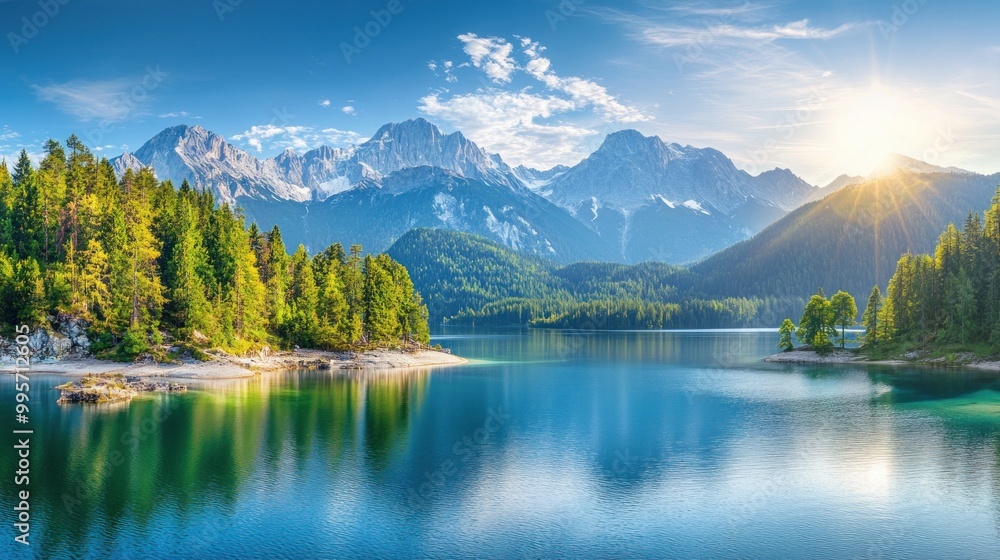 Naklejka premium A picturesque scene of a tranquil lake nestled amidst towering mountains, bathed in the golden light of sunrise.