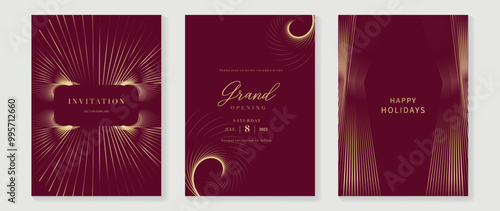 Luxury invitation card background vector. Golden elegant wavy gold line pattern on red background. Premium design illustration for wedding, vip cover template, grand opening, flyer.