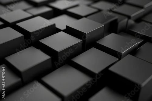 Abstract Black Cubes Arranged in a Mosaic Pattern With Varying Heights and Shadows