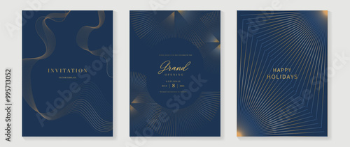 Luxury invitation card background vector. Golden elegant wavy gold line pattern on navy blue background. Premium design illustration for wedding, vip cover template, grand opening, flyer.