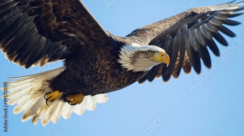 A close-up of a bald eagle in flight, showcasing its majestic wings and sharp gaze. The eagle is flying against a clear blue sky. photo