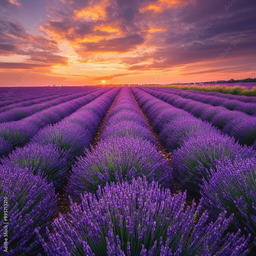 Fototapeta premium A lavender field in full bloom stretching to the horizon, with a vibrant purple hue under a golden evening sky