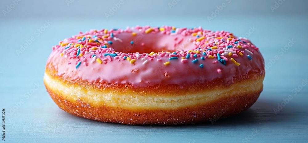 A pink frosted donut with colorful sprinkles on a blue background. A pink frosted donut with colorful sprinkles on a blue background.