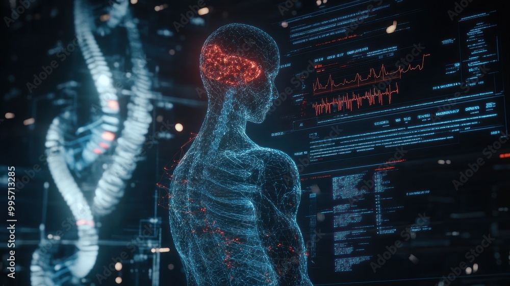 Digital human anatomy rendered in 3D, showcasing a wireframe skeleton with glowing points of light. The image depicts the connection between technology and healthcare. Digital human anatomy rendered in 3D, showcasing a wireframe skeleton with glowing points of light. The image depicts the connection between technology and healthcare.