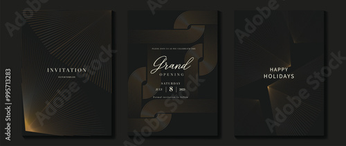 Luxury invitation card background vector. Golden elegant wavy gold line pattern on black background. Premium design illustration for wedding, vip cover template, grand opening, flyer.