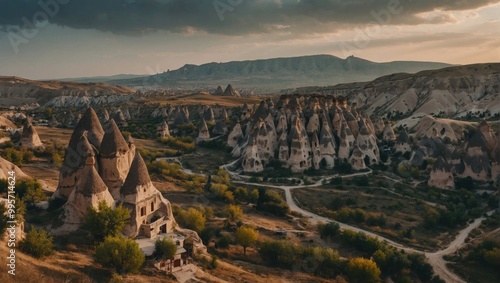 A morning sky filled with hot air balloons casts light on Cappadocia’s stunning natural landscape photo