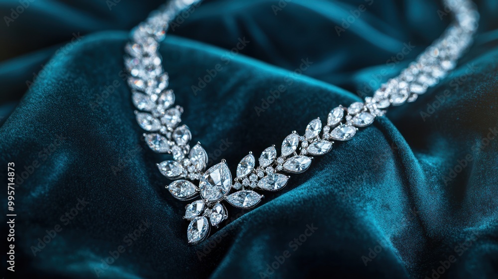 A close-up shot of a diamond necklace on a green fabric background. A close-up shot of a diamond necklace on a green fabric background.
