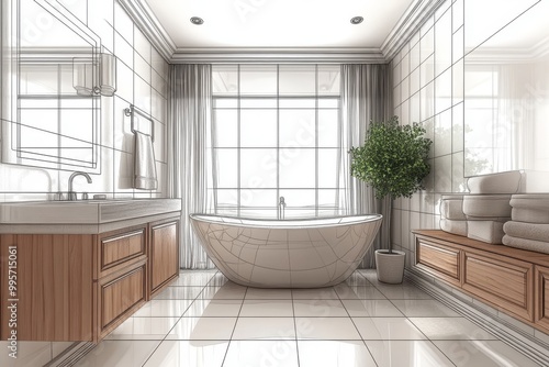 A Contemporary Bathroom Showcases a Freestanding Tub Beside Large Windows Allowing Natural Light