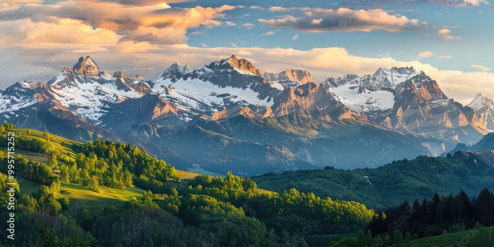 Fototapeta premium Golden Glow of Sunrise on the Peaks of the Swiss Alps with Spring Greenery
