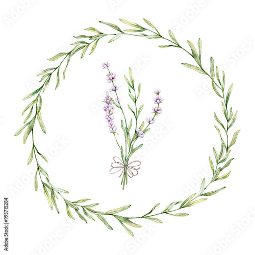 Watercolor wreath and bouquet of Lavender flower. Floral Clipart. Hand drawn botanical illustration of lavender branch for wedding invitation, logo, cards, packaging and labeling