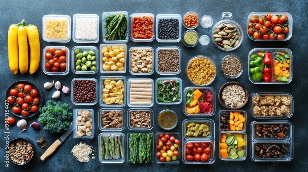 custom made wallpaper toronto digitalA variety of healthy ingredients in meal prep containers, ready to eat.