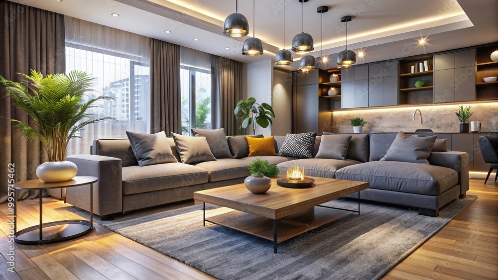 Modern grey sofas define the living room, enriched by cozy accents and soft lighting, establishing a warm ambiance Modern grey sofas define the living room, enriched by cozy accents and soft lighting, establishing a warm ambiance
