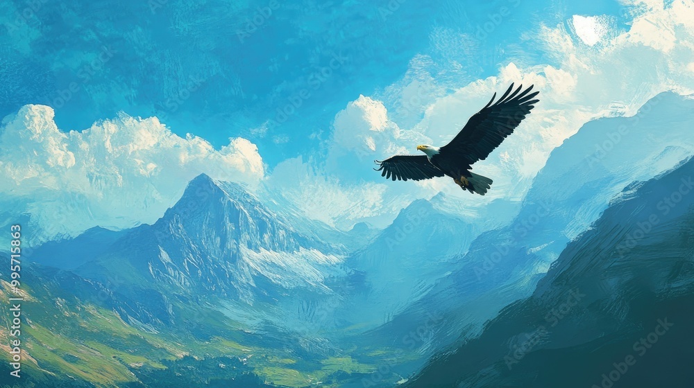Fototapeta premium A majestic bald eagle soaring high above a mountain range, its wings spread wide against a bright blue sky.