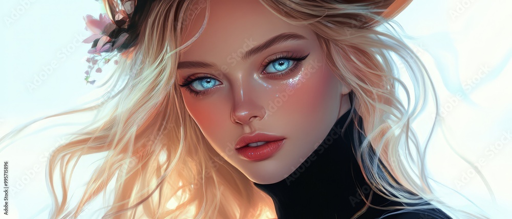 Epic anime-style airbrush illustration of a blonde woman in a pumpkin hat with flowing hair, glittery skin, and holographic pastel makeup Epic anime-style airbrush illustration of a blonde woman in a pumpkin hat with flowing hair, glittery skin, and holographic pastel makeup