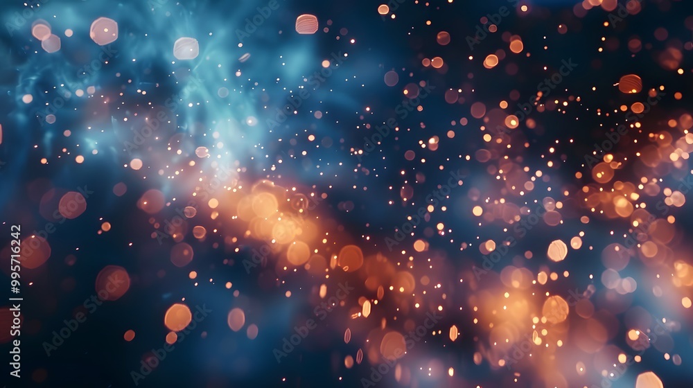 Abstract background with blue and orange bokeh lights and dust particles. Abstract background with blue and orange bokeh lights and dust particles.