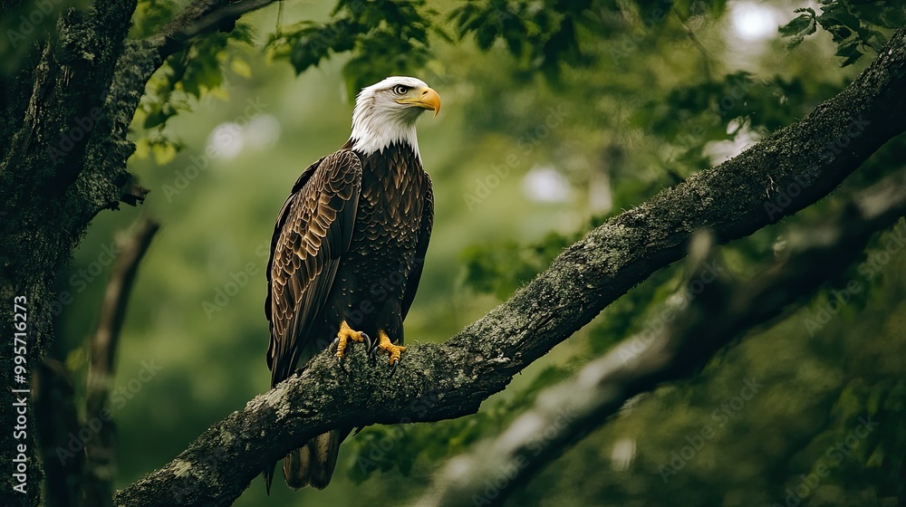 Obraz premium A majestic eagle perched on a tree branch, scanning the landscape below.