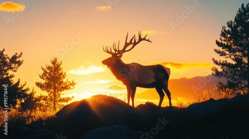 A majestic elk standing on a hilltop, its antlers silhouetted against the setting sun. photo