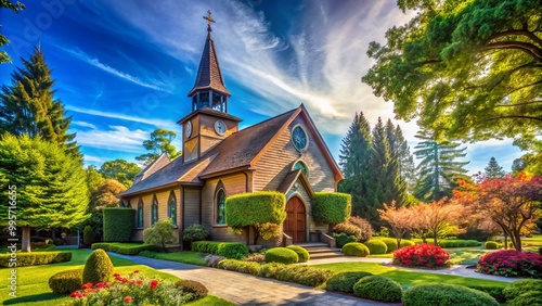 Nestled in Menlo Park, California, Menlo Church stands gracefully, bathed in sunlight and surrounded by lush greenery, photo