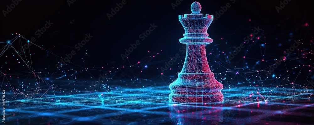 Elegant Low Polygon Wireframe Chess Piece in Neon Colors Elegant Low Polygon Wireframe Chess Piece in Neon Colors