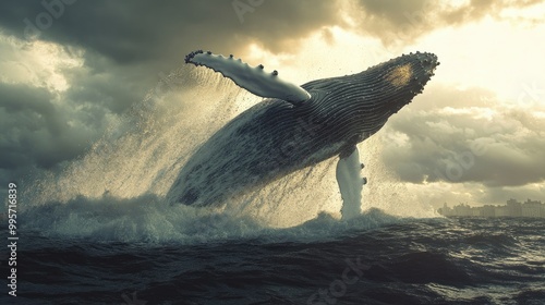 A majestic humpback whale breaching out of the water, with a spray of water droplets in the air.