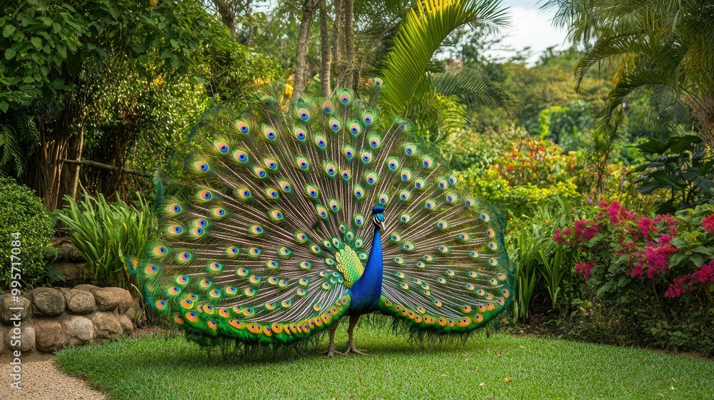 Obraz premium A majestic peacock spreading its colorful tail feathers in full display, standing in a lush garden.