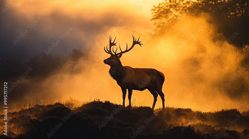 Naklejka premium A majestic red stag standing on a hilltop, silhouetted against the morning mist.