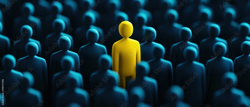 Fototapeta premium Bright yellow figure standing out among a crowd of dark blue figures, symbolizing individuality and the celebration of uniqueness in a uniform setting