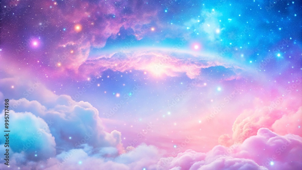 Fototapeta premium Beautiful fantasy starry night sky, blue and purple colorful, galaxy and aurora 4k wallpaper. cosmic watercolor illustration. Colorful space background with stars