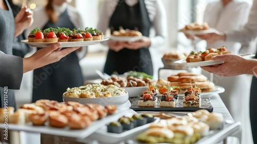 Fototapeta Naklejka Na Ścianę i Meble -  A table full of delicious catering food appetizers for an event. Plates of different snacks ready to be served.