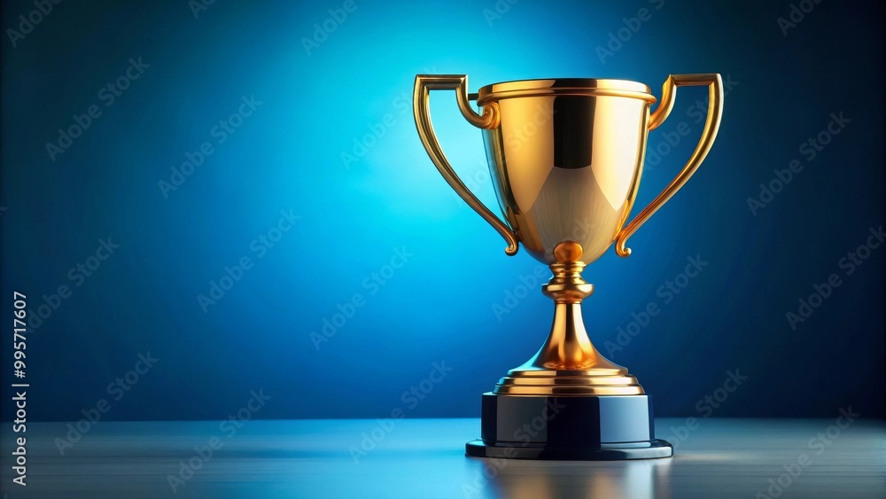 Golden trophy is standing on a table with a blue background, representing victory and achievement Golden trophy is standing on a table with a blue background, representing victory and achievement