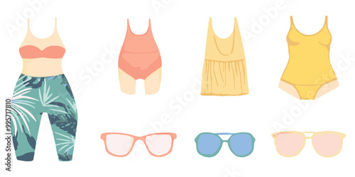 Cute beachwear and accessories, flat design illustration vector set isolated on a white background.