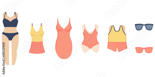 Cute beachwear and accessories, flat design illustration vector set isolated on a white background.