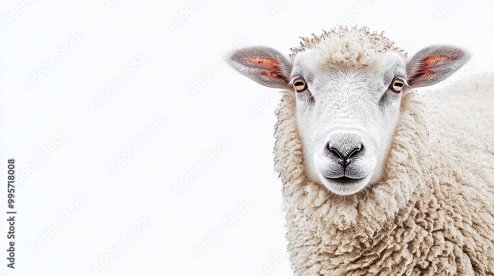 Obraz premium A Close-Up of a Curious Sheep With Soft Wool, Set Against a Light Background in a Rural Area