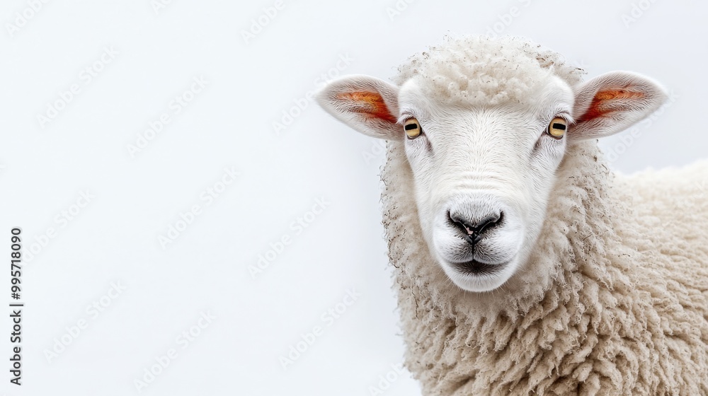A Fluffy Sheep With Bright Eyes Stands Against a Plain Background on a Sunny Day A Fluffy Sheep With Bright Eyes Stands Against a Plain Background on a Sunny Day