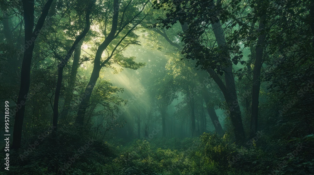 Obraz premium Sunbeams pierce through the misty forest, creating a magical and tranquil atmosphere