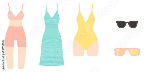 Cute beachwear and accessories, flat design illustration vector set isolated on a white background.
