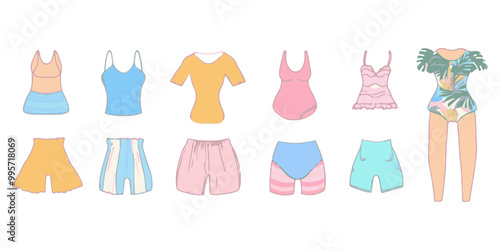 Cute beachwear and accessories, flat design illustration vector set isolated on a white background.