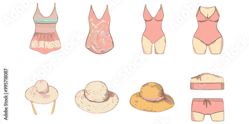 Cute beachwear and accessories, flat design illustration vector set isolated on a white background.