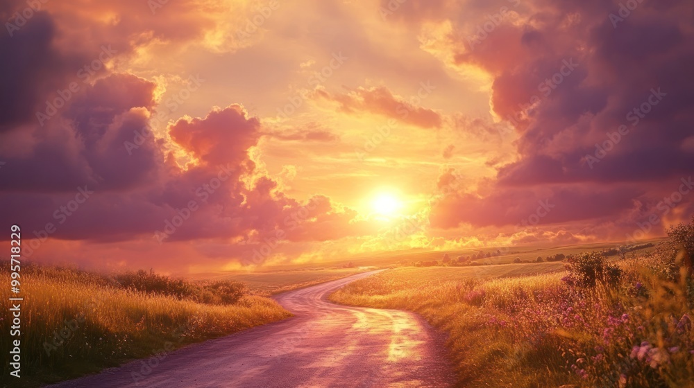 A winding road under a vibrant sunset with colorful clouds and lush fields. A winding road under a vibrant sunset with colorful clouds and lush fields.