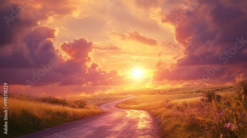 Wallpaper Mural A winding road under a vibrant sunset with colorful clouds and lush fields. Torontodigital.ca